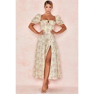 House of CB Tallulah Lemon Floral Puff Sleeve Midi Sundress
